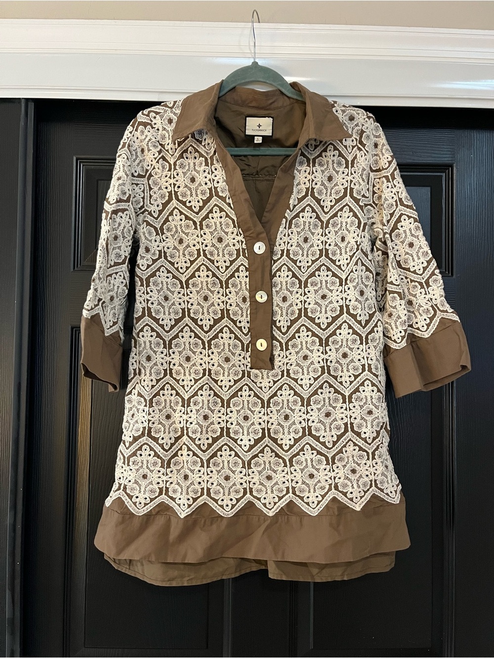 Tuckernuck Brown Tunic with Ivory Lace Overlay